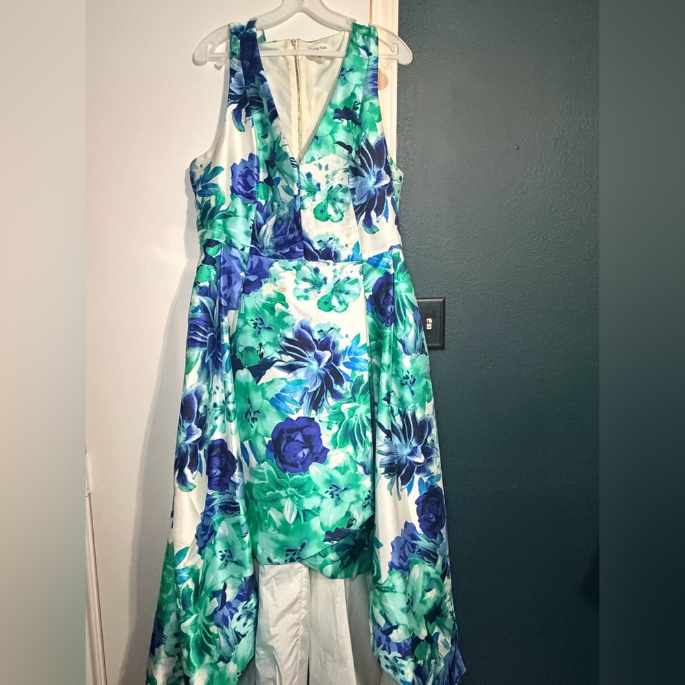Calvin Klein Blue & Green Floral High-Low Dress